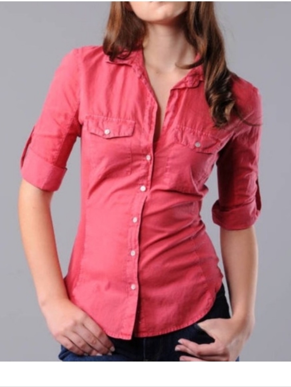 James Perse Coral-Orange Roll-Tab Button-Down Shirt size 3 (medium)